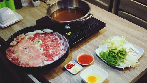 High angle view of breakfast on table