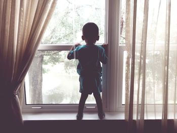 Rear view of boy looking through window at home