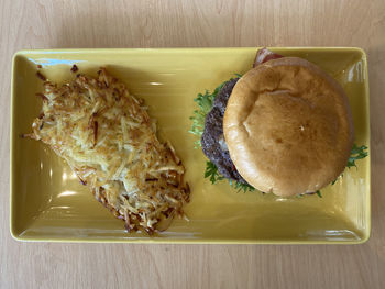 High angle view of breakfast served on table