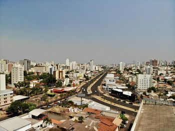 High angle view of buildings against clear sky