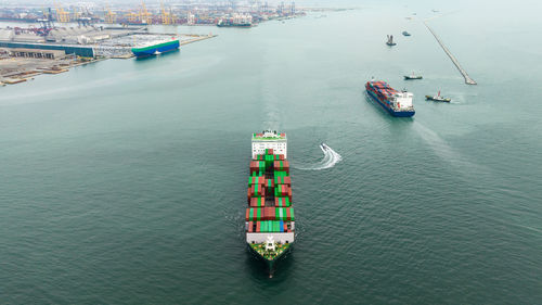 High angle view of boats in sea