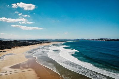 Scenic view of beach against blue sky