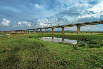 Bridge over field against sky