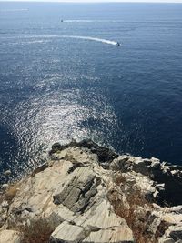 High angle view of rocks at sea shore