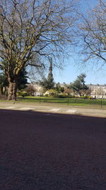 Road by bare trees on field against sky