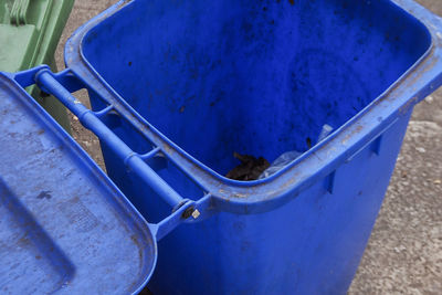 Close-up high angle view of blue container