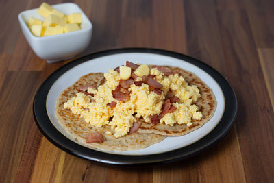 High angle view of breakfast served on table