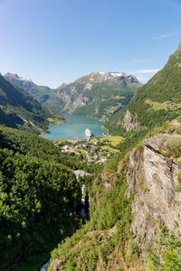 High angle view of townscape by mountain against sky