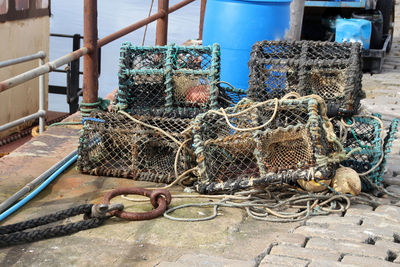 Stack of fishing net at harbor