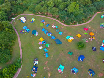 High angle view of multi colored trees against sky
