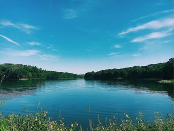 Scenic view of lake in forest against blue sky