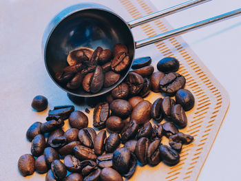 High angle view of coffee beans on table