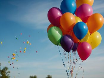 Low angle view of balloons against sky