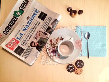 High angle view of coffee on table