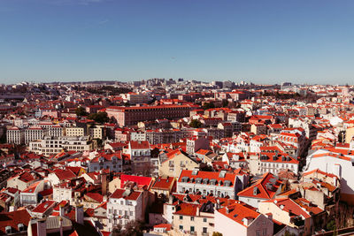 High angle view of cityscape against clear blue sky