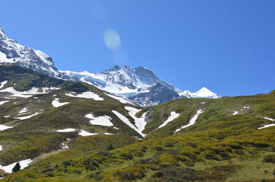 Scenic view of snow covered mountains against clear sky