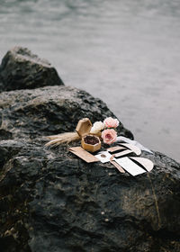 High angle view of stuffed toy on rock