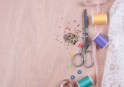 High angle view of multi colored pencils on table