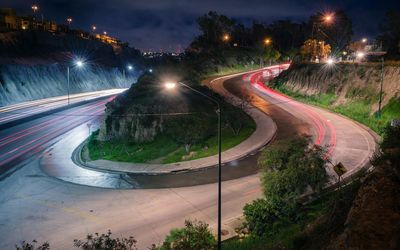 Light trails on road at night