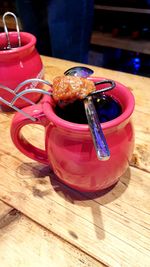 High angle view of drink in glass on table