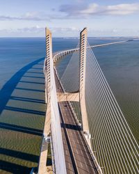 View of suspension bridge against cloudy sky