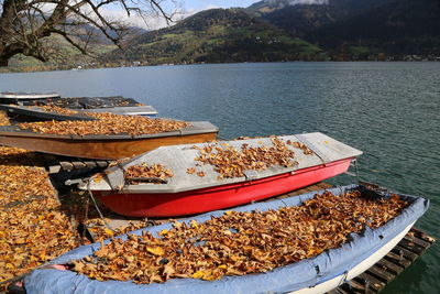 Boat moored in lake