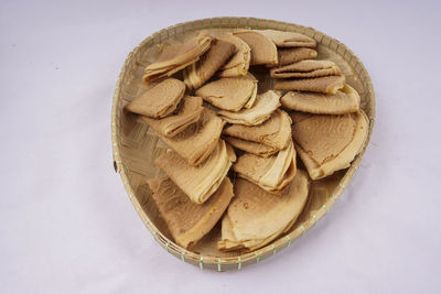 High angle view of cookies in bowl on table