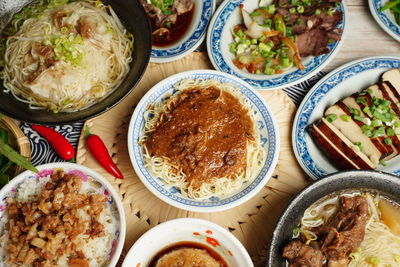 High angle view of meal served on table