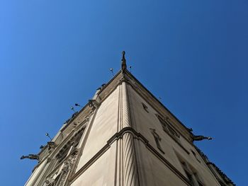 Low angle view of temple against clear blue sky
