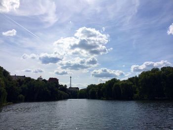 Scenic view of river against cloudy sky