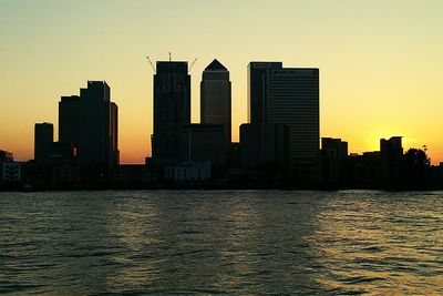 Modern cityscape against sky during sunset