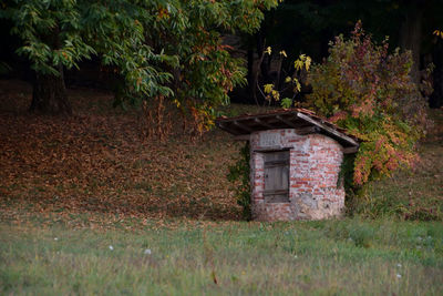 House on field against trees