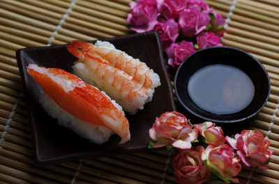 High angle view of sushi on table