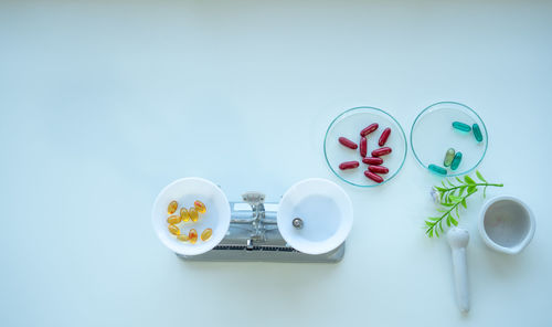 High angle view of food on table against blue background