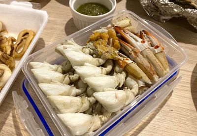 High angle view of food in plate on table