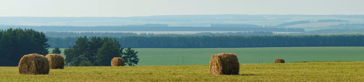 Hay bales on field against sky