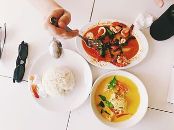 High angle view of meal served on table