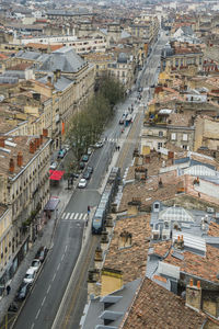 High angle view of street amidst buildings in city