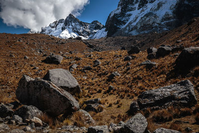 Scenic view of snowcapped mountains against sky