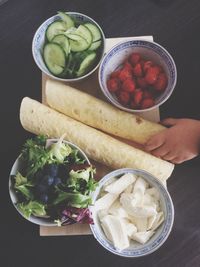 High angle view of vegetables in bowl on table