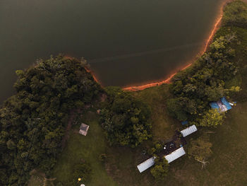 High angle view of illuminated trees against sky