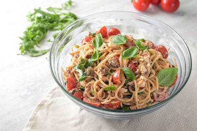 Close-up of pasta in bowl on table