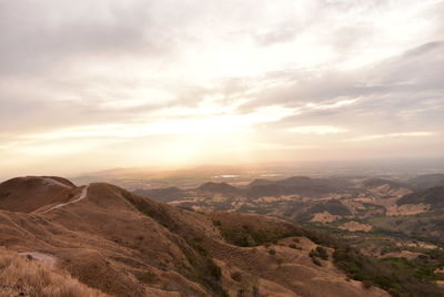 High angle view of landscape against sky during sunset