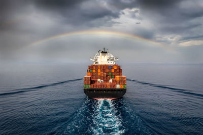 Scenic view of rainbow over sea against sky