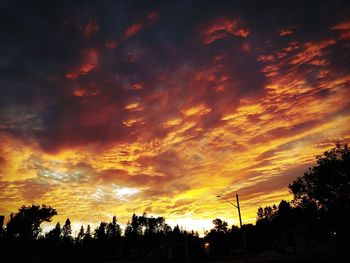 Low angle view of silhouette trees against dramatic sky