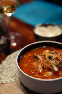 Close-up of soup in bowl on table