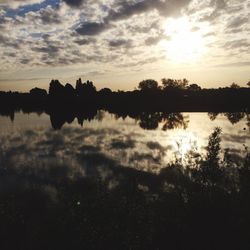 Reflection of trees in lake during sunset