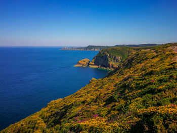 Scenic view of sea against clear blue sky