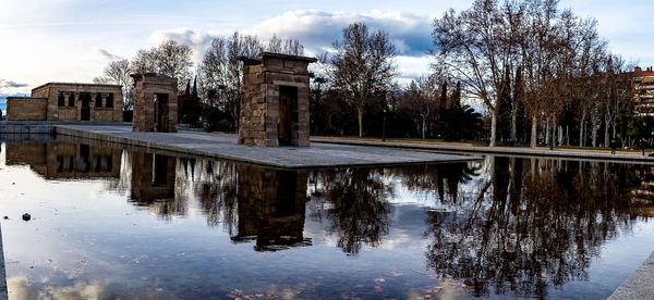 Reflection of trees in water against sky