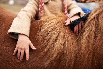 Unrecognizable girl petting chestnut pony